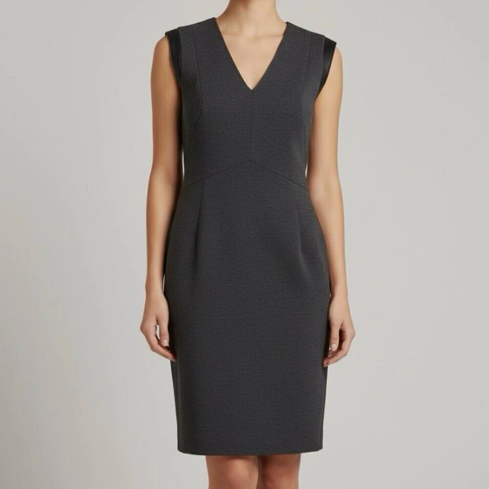 Sandro Women's Size 1 V-Neck Leather Trim Dress‎ Dark Gray Knee Length Zip Back